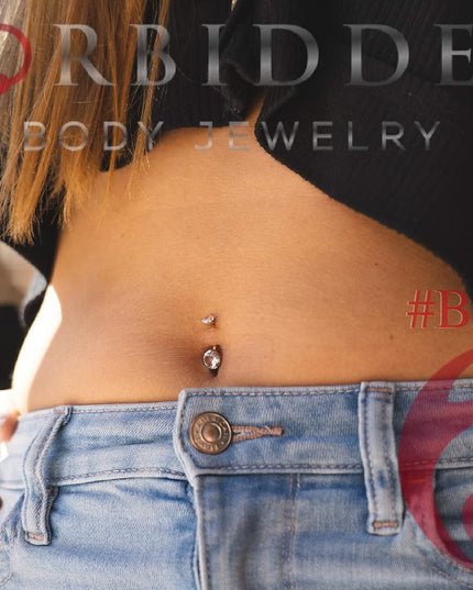 14K Gold Belly Button Ring 14G 10Mm W/Double Crystal - Stainless 316L Surgical Steel Belly Button Piercing - Yellow Barbell Belly Rings Women Navel Piercing Jewelry (1 Pc)