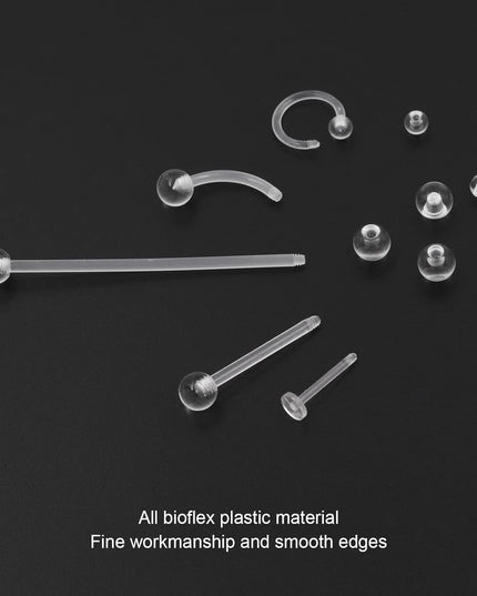 36Pcs Clear Piercing Retainers Bioflex Plastic Jewelry for Nipple Tongue Nose Septum Eyebrow Belly Earrings Tragus Helix Cartilage Industrial Lip Labret Rings Studs for Surgery Mri