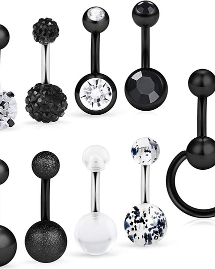 9Pcs 14G Dangle Belly Button Rings Clear Diamond CZ Surgical Steel Short Navel Barbell Body Jewelry Piercing for Women