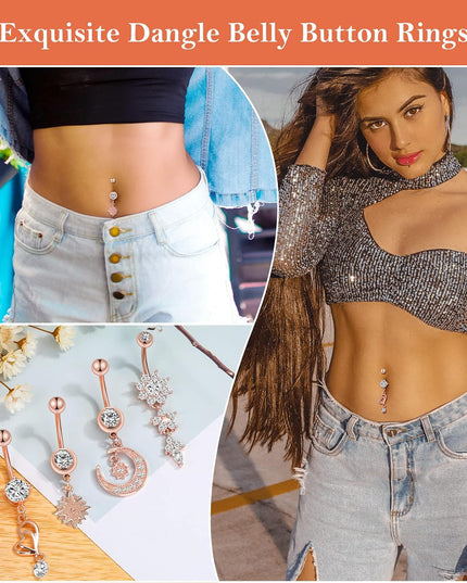 Belly Button Piercing Ring for Women, 10 PCS 14G Surgical Steel Belly Button Rings Barbell Jewelry Rings Bulk for Body Piercing with Long Bar Dangle Curved Navel Rings Heart Belly Ring
