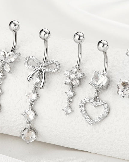 Belly Button Ring Dangle Navel Belly Piercing Jewelry Cute Pink CZ Heart Butterfly Bow Flower Navel Belly Rings for Women 14G Silver Stainless Steel Dainty Dangly Dangling Belly Button Piercing
