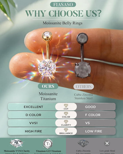 Moissanite G23 Titanium Belly Button Ring - 18K Gold Plated Belly Rings Hypoallergenic Titanium Internally Threaded Belly Button Piercing Moissanite Navel Piercing Jewelry for Women D Color VVS1 Clarity Brilliant Cut