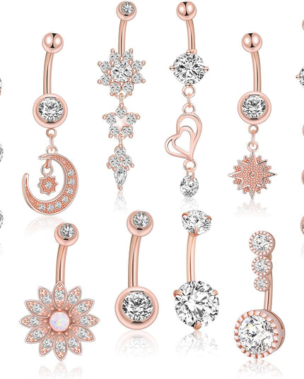 Belly Button Piercing Ring for Women, 10 PCS 14G Surgical Steel Belly Button Rings Barbell Jewelry Rings Bulk for Body Piercing with Long Bar Dangle Curved Navel Rings Heart Belly Ring