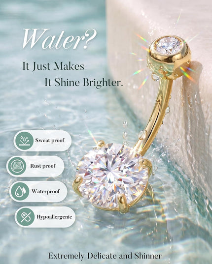 Moissanite G23 Titanium Belly Button Ring - 18K Gold Plated Belly Rings Hypoallergenic Titanium Internally Threaded Belly Button Piercing Moissanite Navel Piercing Jewelry for Women D Color VVS1 Clarity Brilliant Cut