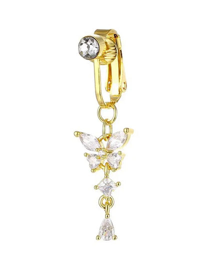 Fake Belly Butterfly Crystals Long Dangle Belly Button Rings Surgical Steel Navel Piercing Clip Umbilical Belly Body Jewelr