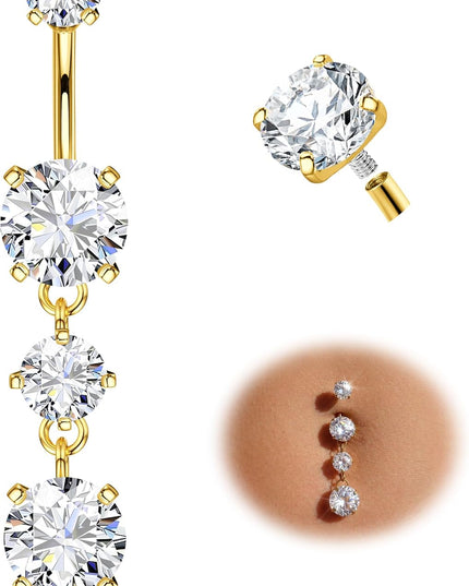 G23 Titanium Belly Button Ring for Women - 14G 3/8" Internally Threaded Navel Rings with 5A CZ Dangle Belly Button Ring Hypoallergenic Navel Piercing Jewelry, Gold & Titanium Silver