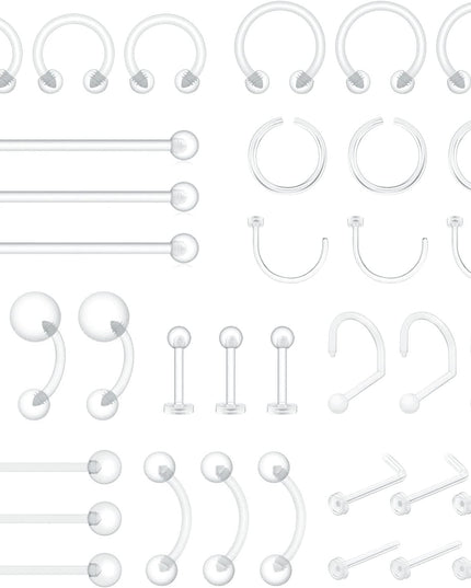36Pcs Clear Piercing Retainers Bioflex Plastic Jewelry for Nipple Tongue Nose Septum Eyebrow Belly Earrings Tragus Helix Cartilage Industrial Lip Labret Rings Studs for Surgery Mri