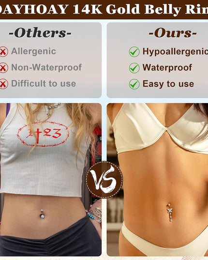 10Pcs 14K Gold Plated 14G Belly Button Rings for Women Surgical Steel Dangle Belly Rings CZ Clicker Belly Button Rings Hypoallergenic Heart Flower Butterfly Navel Piercing Jewelry