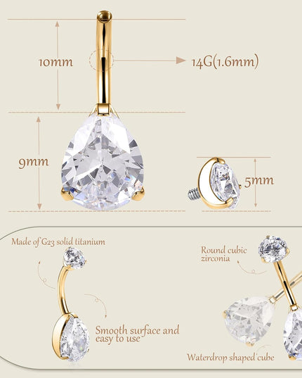 Gold Belly Button Ring G23 Titanium Hypoallergenic 14G Belly Ring for Women Men Teardrop Navel Piercing Jewelry 10Mm Barbell with Cubic Zircon