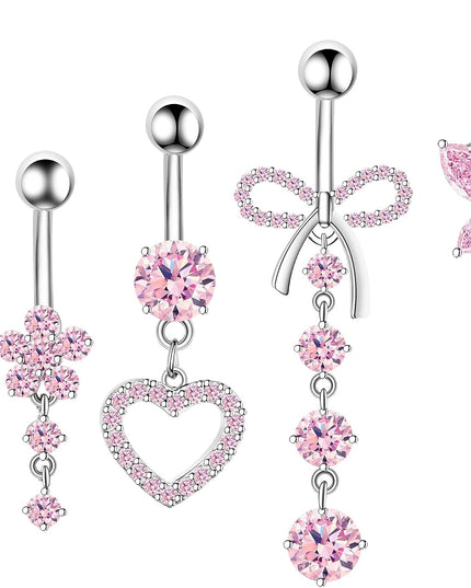Belly Button Ring Dangle Navel Belly Piercing Jewelry Cute Pink CZ Heart Butterfly Bow Flower Navel Belly Rings for Women 14G Silver Stainless Steel Dainty Dangly Dangling Belly Button Piercing