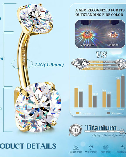 Moissanite ＆ G23 Titanium Belly Button Ring 18K Gold Plated Hypoallergenic Internally Threaded Belly Rings 14G Navel Piercing Jewelry for Women Men D Color VVS1 Clarity Brilliant Cut