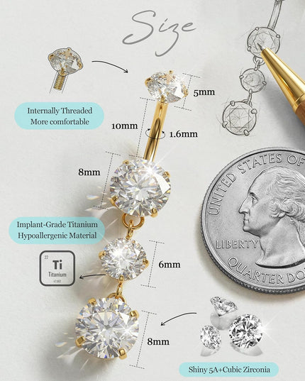 G23 Titanium Belly Button Ring for Women - 14G 3/8" Internally Threaded Navel Rings with 5A CZ Dangle Belly Button Ring Hypoallergenic Navel Piercing Jewelry, Gold & Titanium Silver