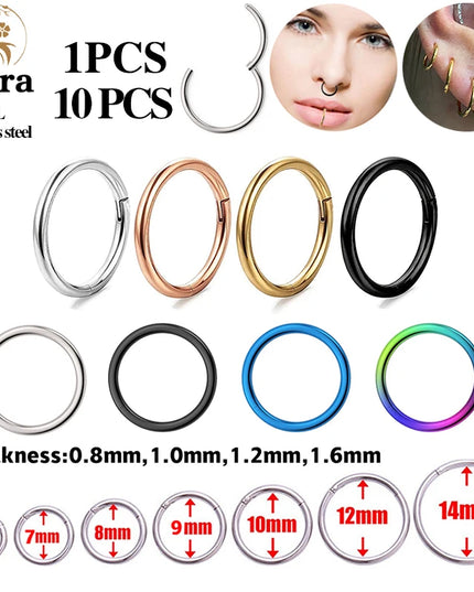 1/10PCS Stainless Steel Septum Clicker Hinged Segment round Nose Rings Hoop Ear Cartilage Helix Earrings Body Piercing Jewelry