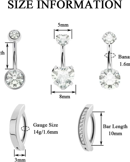 14G Belly Button Ring Stainless Steel Black Navel Ring for Women Clear round Heart CZ Crystal Belly Bar Body Piercing Internally Threaded Barbell Belly Jewelry Black 5PCS