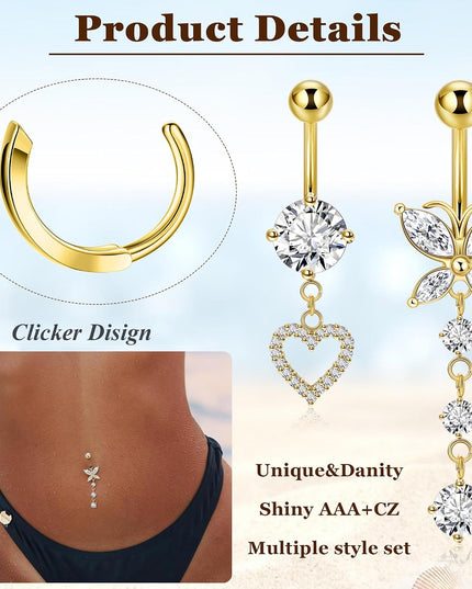 10Pcs 14K Gold Plated 14G Belly Button Rings for Women Surgical Steel Dangle Belly Rings CZ Clicker Belly Button Rings Hypoallergenic Heart Flower Butterfly Navel Piercing Jewelry