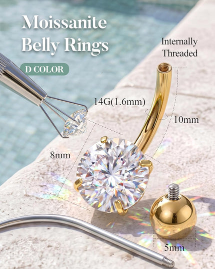 Moissanite G23 Titanium Belly Button Ring - 18K Gold Plated Belly Rings Hypoallergenic Titanium Internally Threaded Belly Button Piercing Moissanite Navel Piercing Jewelry for Women D Color VVS1 Clarity Brilliant Cut