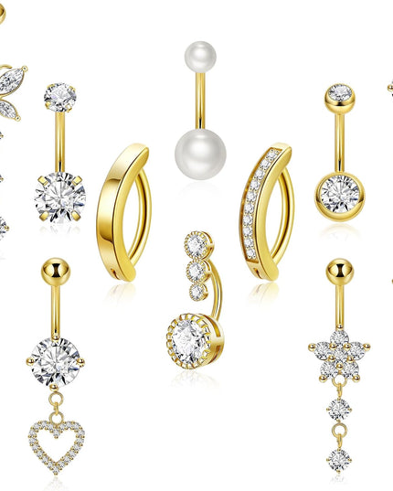 10Pcs 14K Gold Plated 14G Belly Button Rings for Women Surgical Steel Dangle Belly Rings CZ Clicker Belly Button Rings Hypoallergenic Heart Flower Butterfly Navel Piercing Jewelry