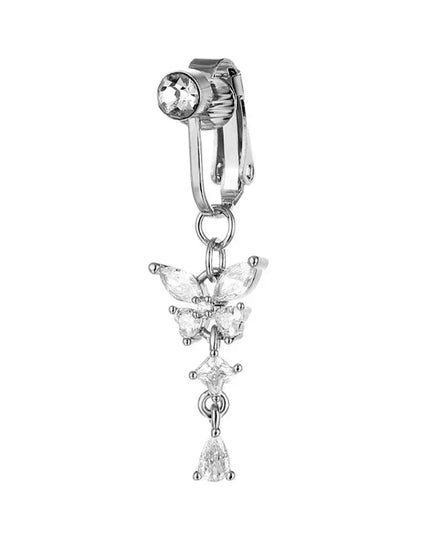 Fake Belly Butterfly Crystals Long Dangle Belly Button Rings Surgical Steel Navel Piercing Clip Umbilical Belly Body Jewelr