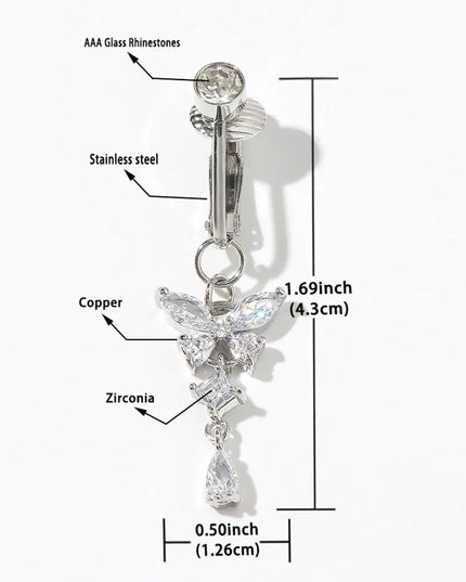 Fake Belly Butterfly Crystals Long Dangle Belly Button Rings Surgical Steel Navel Piercing Clip Umbilical Belly Body Jewelr