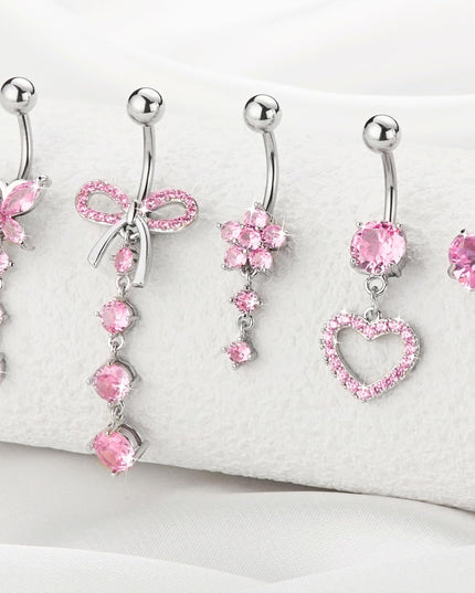 Belly Button Ring Dangle Navel Belly Piercing Jewelry Cute Pink CZ Heart Butterfly Bow Flower Navel Belly Rings for Women 14G Silver Stainless Steel Dainty Dangly Dangling Belly Button Piercing