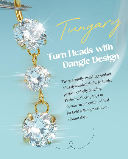 G23 Titanium Belly Button Ring for Women - 14G 3/8" Internally Threaded Navel Rings with 5A CZ Dangle Belly Button Ring Hypoallergenic Navel Piercing Jewelry, Gold & Titanium Silver