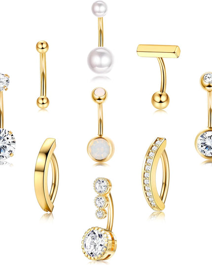 9 Pcs Belly Button Ring - Surgical Stainless Steel CZ Belly Rings Clicker Belly Piercings for Women Navel Piercing Jewelry Pack