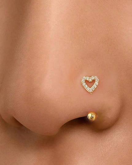 1Pc Zircon Heart-Shaped Nose Ring, 14K Gold Plated Stainless Steel Piercing Jewelry for Women Daily Wear Body Piercing Accessory
