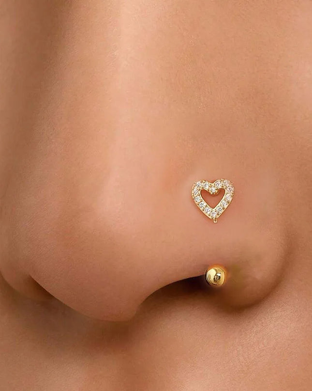 1Pc Zircon Heart-Shaped Nose Ring, 14K Gold Plated Stainless Steel Piercing Jewelry for Women Daily Wear Body Piercing Accessory