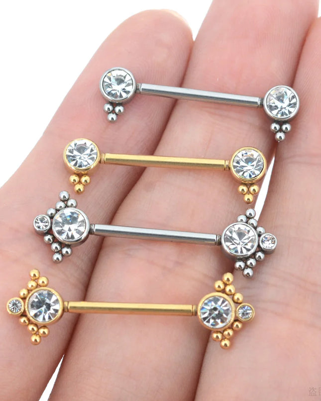 2Pcs 1.2x14mm Unthreaded Barbell Nipple Rings with Rhinestone Ball Stainless Steel Nipple Piercing Nonscrewed Nipples Jewelry