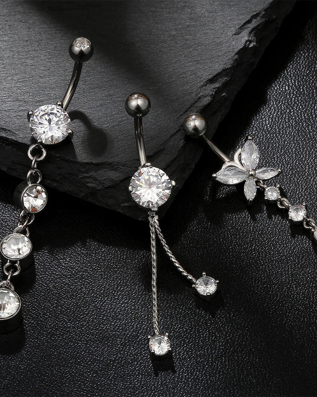 Butterfly Welded Chain Belly Button Ring Set 5pcs Shiny Zircon Inlay Stainless Steel Navel Ring Piercing for Women for Weddings