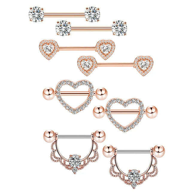 Stainless Steel Heart Nipple Piercing Rings Sets 14G Crystal Tongue Ring Nipple Barbell Lot Sexy Piercing Nipple Body Jewelry