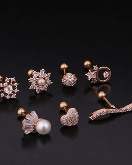 Cz EarTragus Cartilage Piercing Crystal Flower Skull Heart Pearl Earrings Barbell Piercing Orelha Ear Stud Helix Sexy Jewelry
