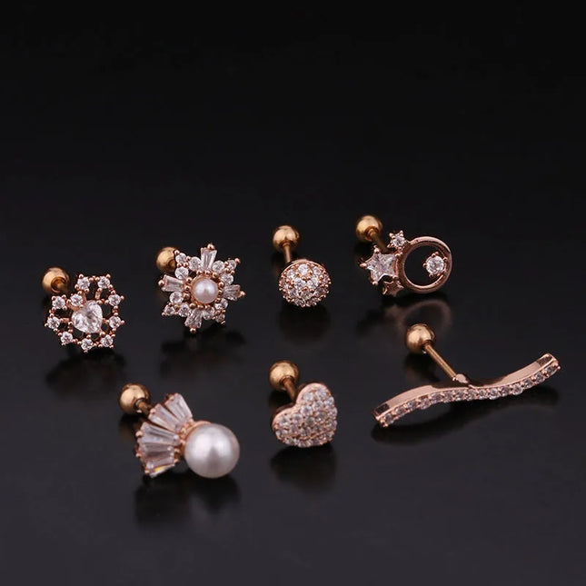Cz EarTragus Cartilage Piercing Crystal Flower Skull Heart Pearl Earrings Barbell Piercing Orelha Ear Stud Helix Sexy Jewelry