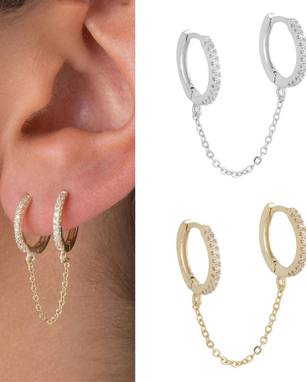 1PCS 925 Sterling Silver Two Hole Piercing Earrings for Women Brilliant Crystal Zircon 2 Metal Color Chain Earring Party Jewelry