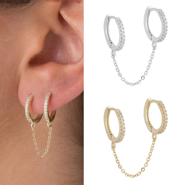 1PCS 925 Sterling Silver Two Hole Piercing Earrings for Women Brilliant Crystal Zircon 2 Metal Color Chain Earring Party Jewelry