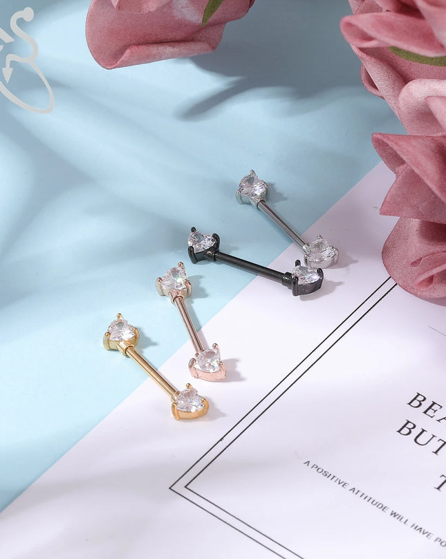 ZS 2PCS Stainless Steel Nipple Piercing Bar For Women 14G Crystal Heart Nipple Shield Ring Horseshoe Barbell Sexy Nipple Jewelry