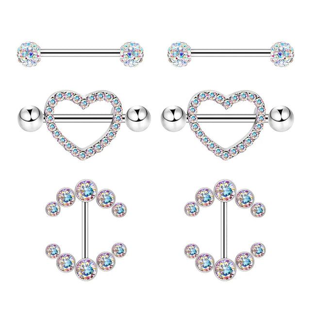 Stainless Steel Heart Nipple Piercing Rings Sets 14G Crystal Tongue Ring Nipple Barbell Lot Sexy Piercing Nipple Body Jewelry