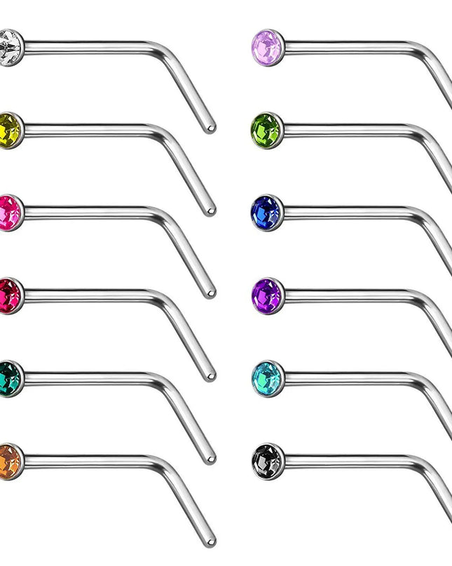 12/24/36Pcs L Shape Nose Ring Curve Pack Crystal Straight Nose Ring Set Nose Stud Lot Piercing Nariz Cuff Nase Pircing Nose Clip