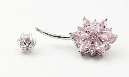 925 sterling silver belly piercing Button Bar Ring pink flower cubic zircon navel piercing jewelry