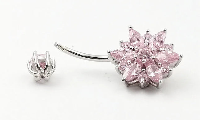 925 sterling silver belly piercing Button Bar Ring pink flower cubic zircon navel piercing jewelry