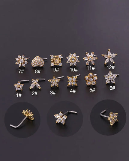 1PC L Shaped Nose Studs Stainless Steel Flower Cubic Zirconia 20G Nostril Bone Screw Indian Nose Ring Piercing