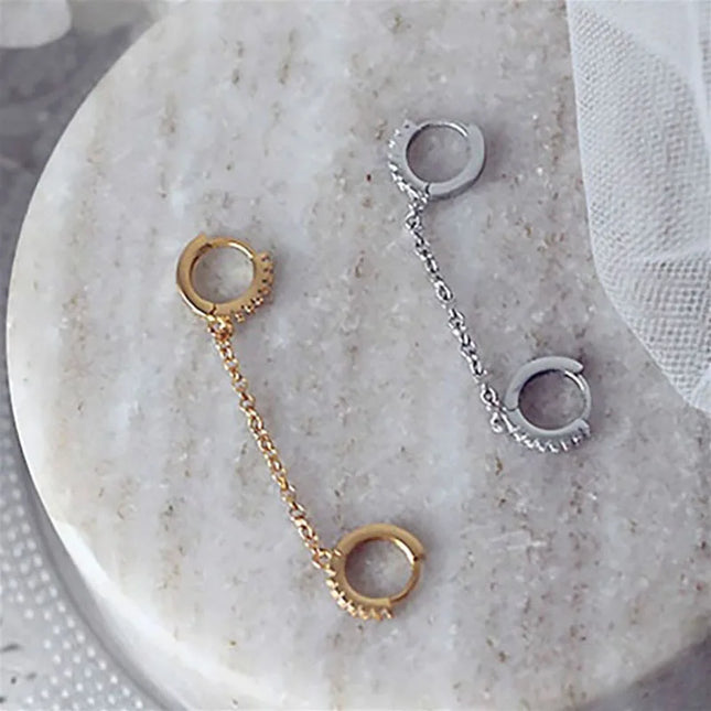 1PCS 925 Sterling Silver Two Hole Piercing Earrings for Women Brilliant Crystal Zircon 2 Metal Color Chain Earring Party Jewelry