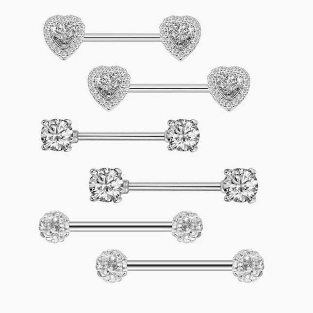 Stainless Steel Heart Nipple Piercing Rings Sets 14G Crystal Tongue Ring Nipple Barbell Lot Sexy Piercing Nipple Body Jewelry