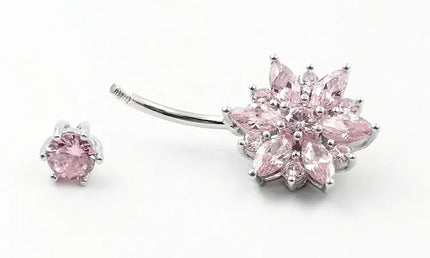925 sterling silver belly piercing Button Bar Ring pink flower cubic zircon navel piercing jewelry