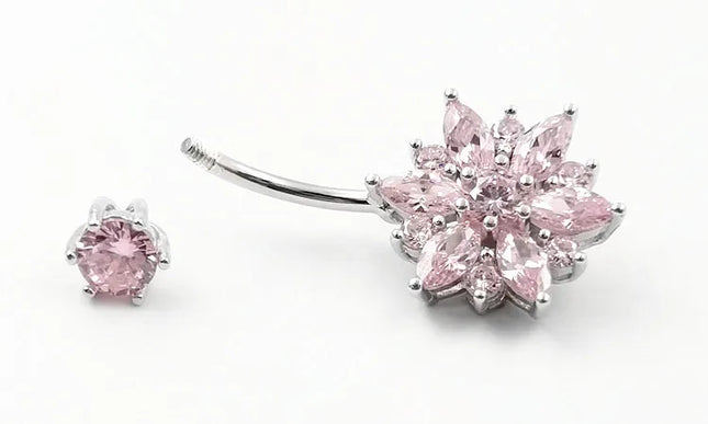 925 sterling silver belly piercing Button Bar Ring pink flower cubic zircon navel piercing jewelry