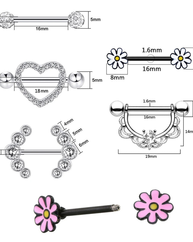 1 Pairs Sexy Heart Nipple Rings CZ Crystal Barbell Nipple Piercing Shield Women Man 316L Steel Body Piercing Jewelry Oreja 14G
