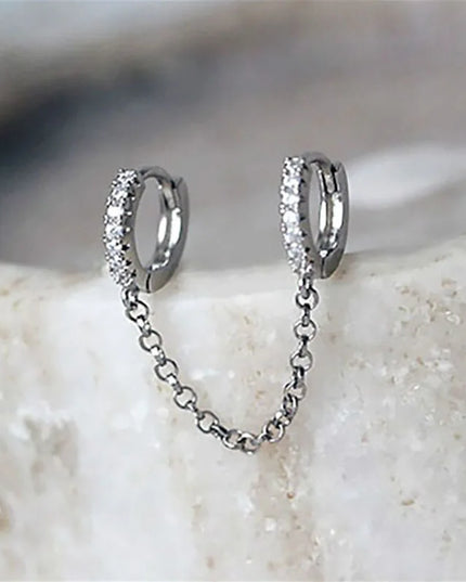 1PCS 925 Sterling Silver Two Hole Piercing Earrings for Women Brilliant Crystal Zircon 2 Metal Color Chain Earring Party Jewelry