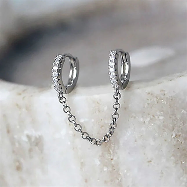 1PCS 925 Sterling Silver Two Hole Piercing Earrings for Women Brilliant Crystal Zircon 2 Metal Color Chain Earring Party Jewelry