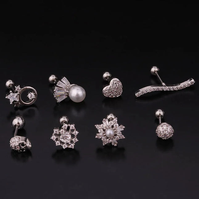 Cz EarTragus Cartilage Piercing Crystal Flower Skull Heart Pearl Earrings Barbell Piercing Orelha Ear Stud Helix Sexy Jewelry