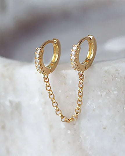 1PCS 925 Sterling Silver Two Hole Piercing Earrings for Women Brilliant Crystal Zircon 2 Metal Color Chain Earring Party Jewelry